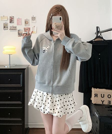 실사 스팟 강아지 재미있는 자수 후드 티 스웨터 가을 신제품 트렌드 루즈핏 캐주얼 카디건 코트