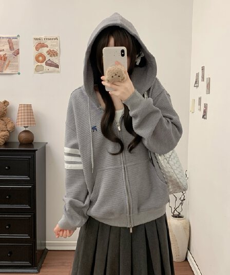 실사 복합 두꺼운 후아 남편 그리드 후드 티 스웨터 여성 코트 가을 아메리칸 레트로 새로운 오픈 가디건 다용도 맨위