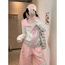 批发<b class='q'>实拍</b>美式复古撞色大拉链开衫连帽卫衣男女宽松休闲外套上衣