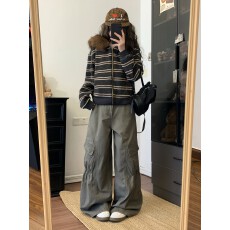 实拍做旧磨毛设计感针织连帽开衫中性风条纹外套