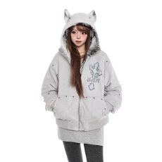 批发美式恶魔角<b class='q'>可爱</b>连帽棉服女冬季鹿皮绒学院风加绒加厚宽松休闲外套