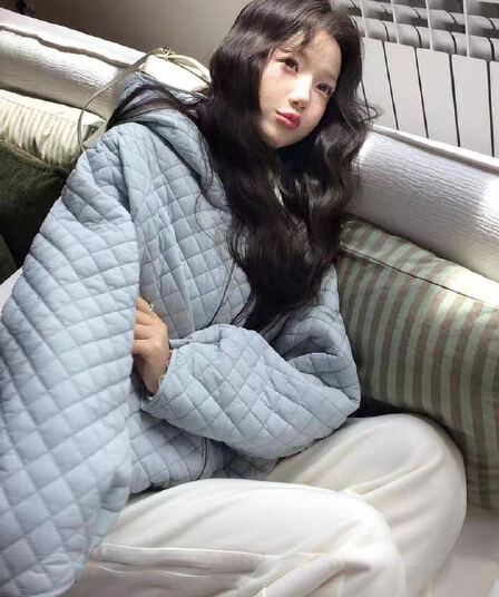 장 베이 베이 얇고 가벼운 버블 푸 링 그리드 후드 면 의류 루즈핏 슬림해 보이는 보온 한 부서 ins 바람 학생 면 옷 재킷
