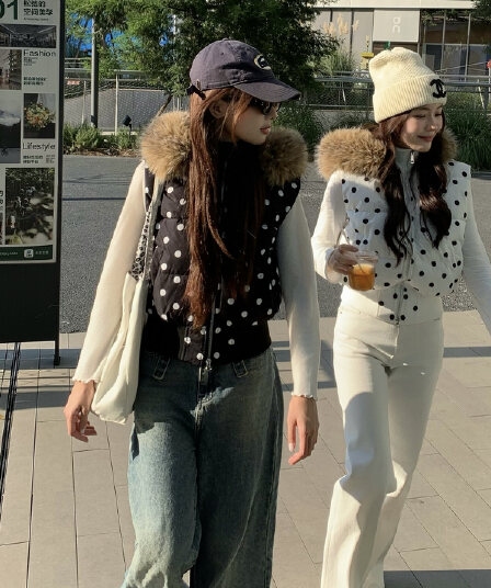 아메리칸 도트 무늬 탈착식 모자 민소매 면 베스트 여성 레저 모피 칼라 수 있습니다. 철거 스택 착용 재킷