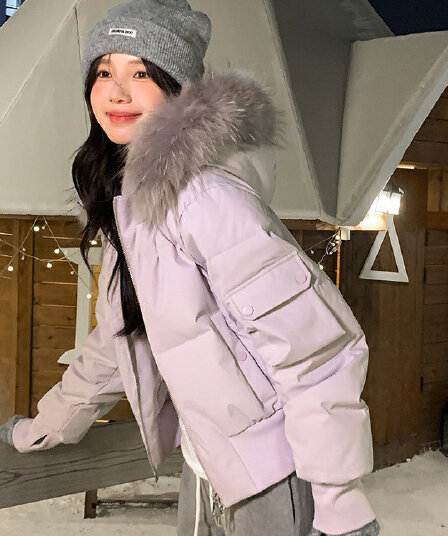 작은 마을 산산 눈 반사하다 阑珊 시뮬레이션 전갈 모피 칼라 면 의류 여성 겨울 방풍 쇼트 스타일 후드 작은 키 재킷