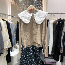 批发韩国东大门2025秋冬新款设计感小众<b class='q'>蕾丝</b>甜美娃娃领针织开衫外