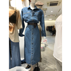 批发韩国东大门2025秋冬季新款POLO领纯色宽松后开叉系扣牛仔连