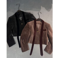 批发法式复古V领短款<b class='q'>外套</b>女秋冬2025新款小个子拼接飘带<b class='q'>宽松</b>西装上衣