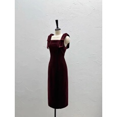 批发韩国东大门2025秋冬新款纯色丝绒法式收腰无袖过膝中长款<b class='q'>连衣裙</b>