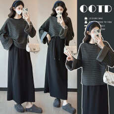 批发大货实拍 加厚孕妇秋冬季条纹T恤上衣打底衫加猪鼻扣孕妇半身裙