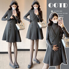 实拍~秋冬韩版法式小香风高级毛呢连衣裙+毛衣上衣两件套套装