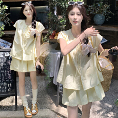 孕妇小个子套装减龄小清新慵袖衬衫短裤两件套装