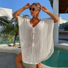 批发2026跨境<b class='q'>欧美</b>夏季度假镂空性感宽松套头流苏绑带比基尼防晒针织