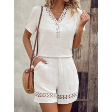 批发2026春夏欧美跨境亚马逊女<b class='q'>装</b>V领拼接短袖纯色棉麻短<b class='q'>裤</b>套<b class='q'>装</b>女