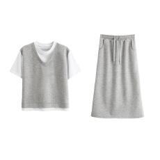 批发2026跨境夏季新款时尚轻薄叠穿假两件撞色短袖T恤半身裙女士套装