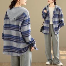 批发2025秋冬日韩外贸法兰绒格子拼色连帽加厚衬衫式慵懒休闲夹克女装