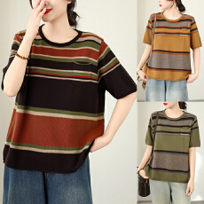 批发2026日韩外贸夏季新款拼色短袖 简约<b class='q'>通勤</b>针织圆领宽松透气上衣女