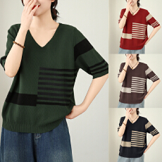 批发2026日韩外贸夏季新款拼色短袖 简约<b class='q'>通勤</b>针织圆领宽松透气上衣女