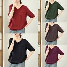 批发2026日韩外贸夏季新款纯色短袖 简约<b class='q'>通勤</b>针织圆领宽松透气上衣女