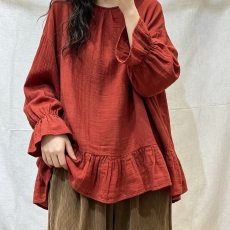 批发官方图荷叶边裙式下摆软糯亲肤双层棉纱圆领休闲<b class='q'>上衣</b>纯棉套透衫女