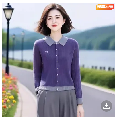 고급 센스 한국 스타일 고귀한 보라색 배색 폴로 칼라 니트 오픈 가디건