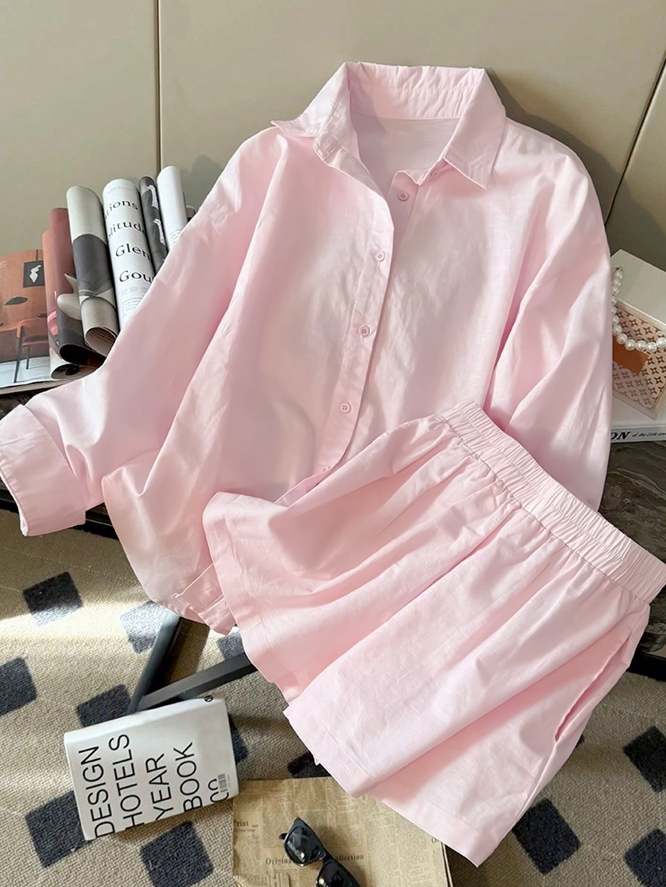 MY13008#休闲长袖衬衫短裤套装女裝貨源服裝批發