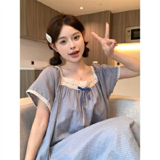 批发实拍韩版纯棉提花甜美花边圆领雾霾蓝<b class='q'>夏</b>季短袖长裙睡衣家居服