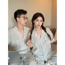 批发实拍韩版夏季格子<b class='q'>情侣</b><b class='q'>睡衣</b>ins花边甜美短袖长裤可外穿<b class='q'>家居服</b>新款
