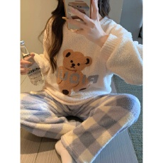 实拍半边绒加厚珊瑚绒秋冬女睡衣软绵绵毛巾绣家居服睡衣套装