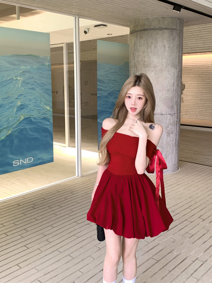 FA24789# 复古性感一字肩花苞裙甜美蝴蝶结蓬蓬连衣裙女 服裝批發女裝批發服飾貨源