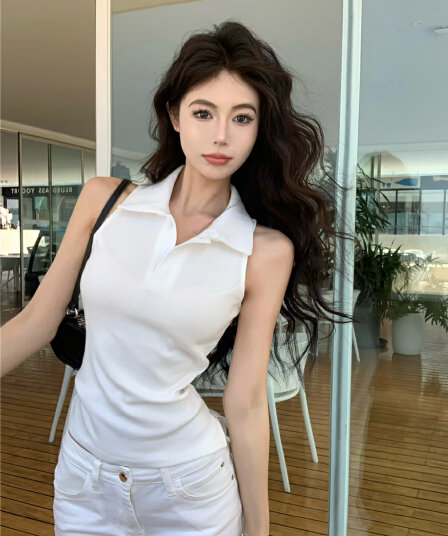실사 섹시함 여름 일본과 한국 여성 학원 스타일 발굴하다 어깨 POLO 칼라 조끼 맨위 티셔츠 여성