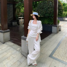 实拍老钱亚麻防晒衬衫+抹胸上衣+休闲阔腿裤长裤套装女