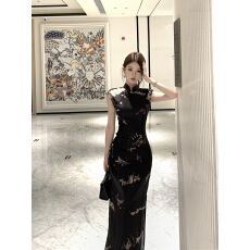 批发实拍复古性感印花旗袍修身显瘦<b class='q'>开叉</b>包臀<b class='q'>连衣裙</b>长裙女