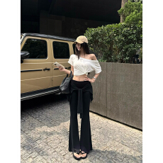 批发实拍扭结斜肩修身<b class='q'>上衣</b>T恤+假两件绑带叠穿遮胯喇叭<b class='q'>裤</b><b class='q'>长裤</b>套<b class='q'>装</b>女