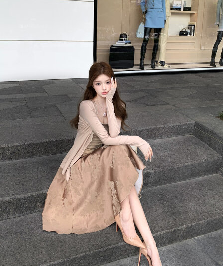 실사 섹시함 레트로 몸매 가꾸기 슬립 레이스 레이스 니트 자외선 차단 오픈 가디건 한 마디 반신 우산 치마 세트 여성