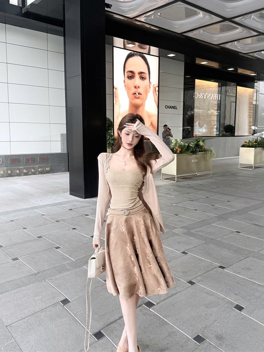 실사 섹시함 레트로 몸매 가꾸기 슬립 레이스 레이스 니트 자외선 차단 오픈 가디건 한 마디 반신 우산 치마 세트 여성