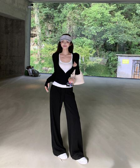 실사 이른 가을 섹시함 디자인 센스 지퍼 티셔츠 재킷 슬립 다용도 스트레이트 팬츠 긴 바지 여성복