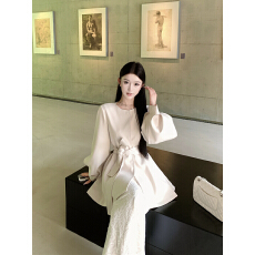 批发实拍设计感灯笼袖西装连衣裙绑带外套女