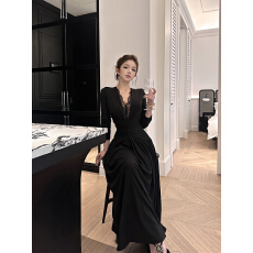 批发实拍性感收腰显瘦V领蕾丝拼接长袖连衣裙<b class='q'>长裙女</b>