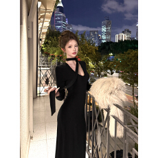 批发实拍复古性感V领飘带针织修身显瘦<b class='q'>长裙</b>连衣裙包臀裙女