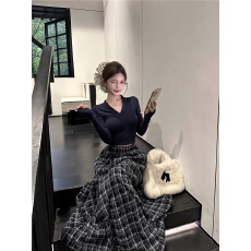 批发实拍性感高腰时尚复古格纹<b class='q'>长裙</b>半身裙+气质V领T恤上衣两件套女