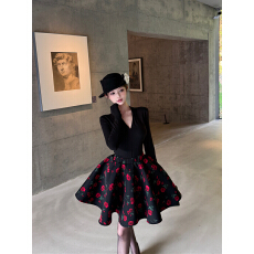 批发实拍复古性感法式V领百搭T恤上衣+<b class='q'>高腰</b>玫瑰<b class='q'>蓬蓬裙</b>安全裤套装女