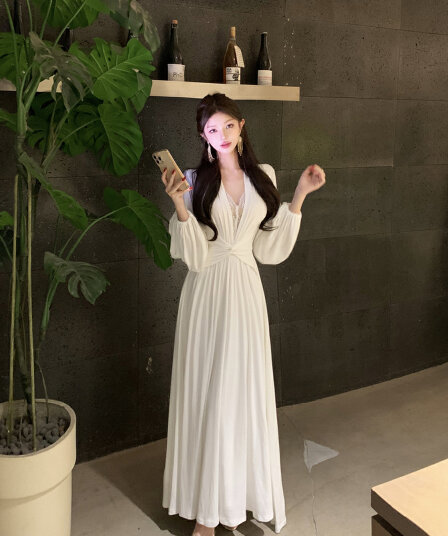 실사 레트로 섹시함 V넥 순수한 욕망 바람 레이스 조각 긴팔 드레스 비틀림 허리 수축 슬림해 보이는 롱 스커트 여성