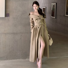 批发实拍春季季气质大翻领双排扣收腰显瘦<b class='q'>风衣</b>长款外套连衣裙配腰带女