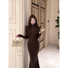 批发实拍秋冬立领拼接腰带气质显瘦修身鱼尾裙<b class='q'>连衣裙</b>长裙女