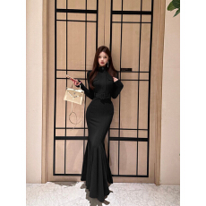 批发实拍秋冬立领拼接腰带气质显瘦修身鱼尾裙<b class='q'>连衣裙</b>长裙女