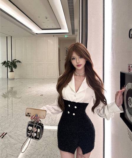 실사 이른 가을 섹시함 개미 하이웨이스트 반짝임 치마 새틴 페이크 레이어드 셔츠 몸매 가꾸기 타이트 스커트 여성 드레스