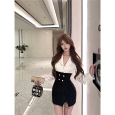 实拍蚂蚁高腰闪闪裙缎面假两件衬衫修身包臀裙连衣裙女