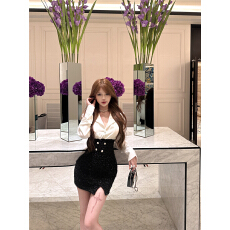 批发实拍春装性感蚂蚁高腰闪闪裙缎面假两件衬衫修身包臀裙连衣裙女