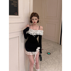 批发实拍春装复古性感辣妹时尚一字肩长袖蕾丝拼接包臀吊带<b class='q'>连衣裙</b>女