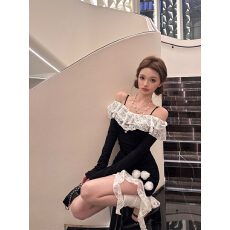 批发实拍春装复古性感辣妹时尚一字肩长袖蕾丝拼接包臀吊带<b class='q'>连衣裙</b>女